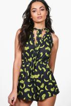 Boohoo Jessica Banana Print Deep Plunge Playsuit Black