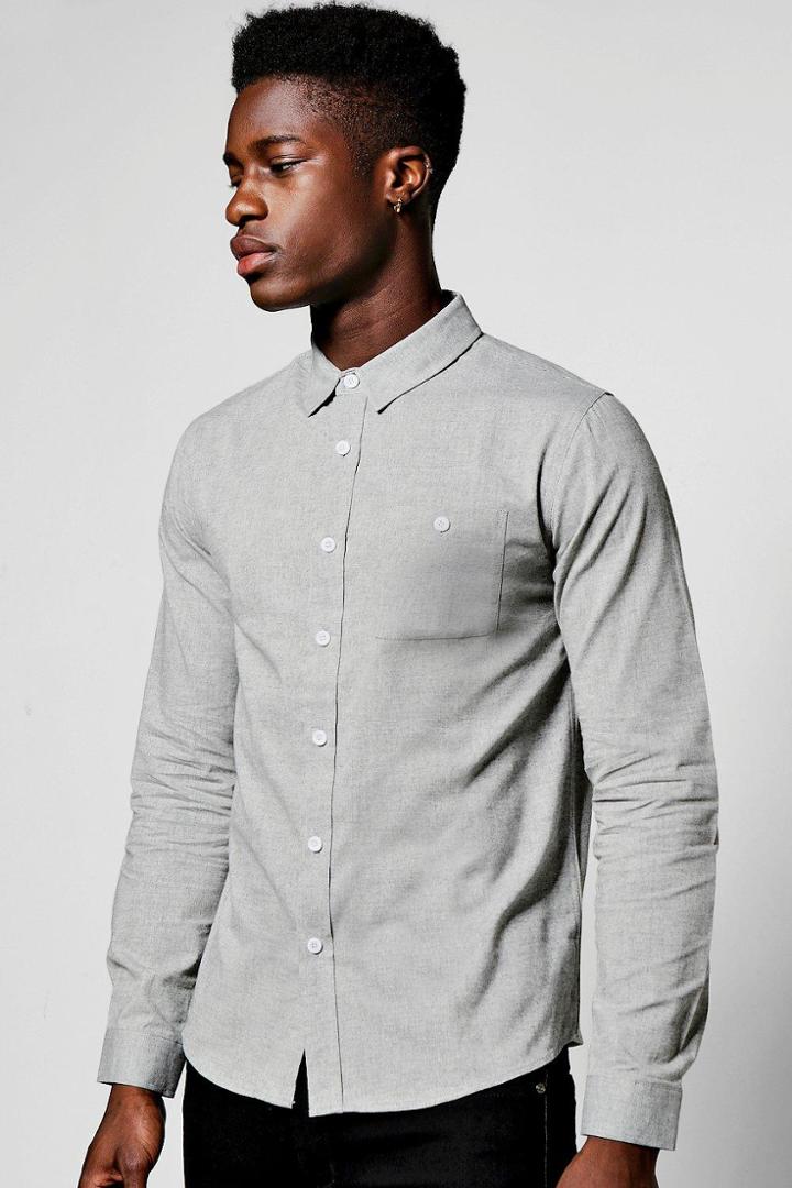 Boohoo Grey Long Sleeve Herringbone Shirt Grey