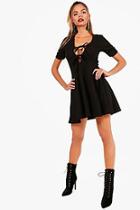 Boohoo Mel Tie Front Ruched Sleeve Midi Skater Dress