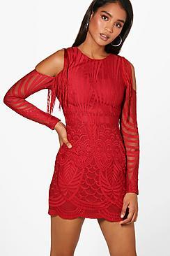 Boohoo Boutique Lace + Fringe Bodycon Dress