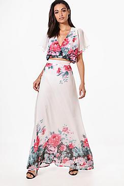 Boohoo Jane Woven Floral Tie Crop & Maxi Skirt Co-ord