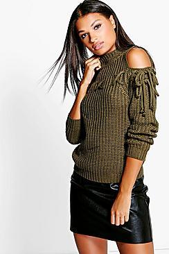 Boohoo Ellie Lace Up Cold Shoulder Jumper