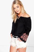 Boohoo Poppy Embroidered Sleeve Woven Off The Shoulder Top