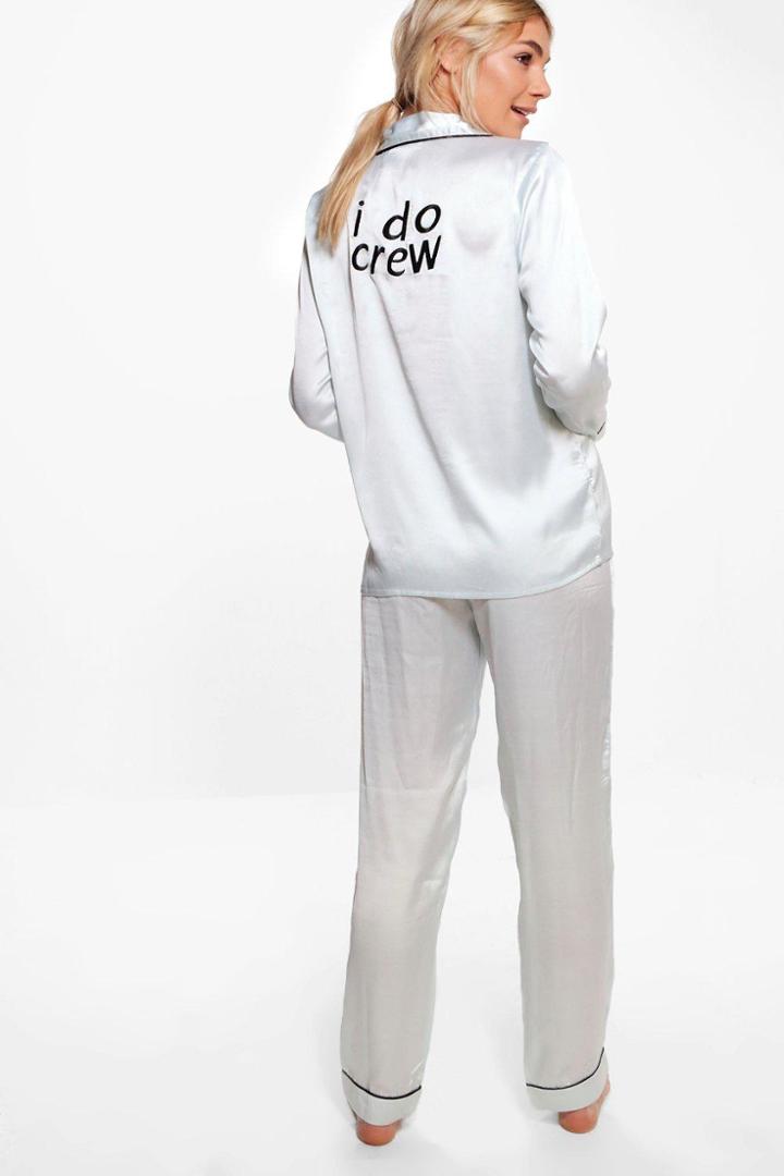 Boohoo Ava Satin Bridal Slogan Long Sleeve Trouser Set Silver