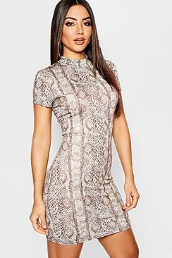 Boohoo High Neck Cap Sleeve Snake Mini Dress
