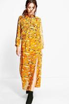 Boohoo Nichole Tie Neck Printed Maxi Dress Mustard