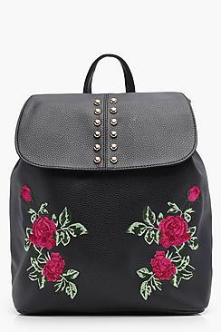 Boohoo Olivia Embroidered Stud Flap Rucksack