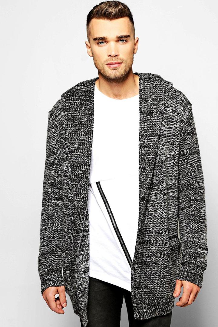 Boohoo Longline Hooded Cardigan In Brushed Yarn Black
