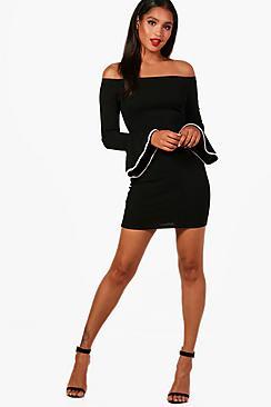 Boohoo Sara Bardot Pearl Trim Sleeve Bodycon Dress