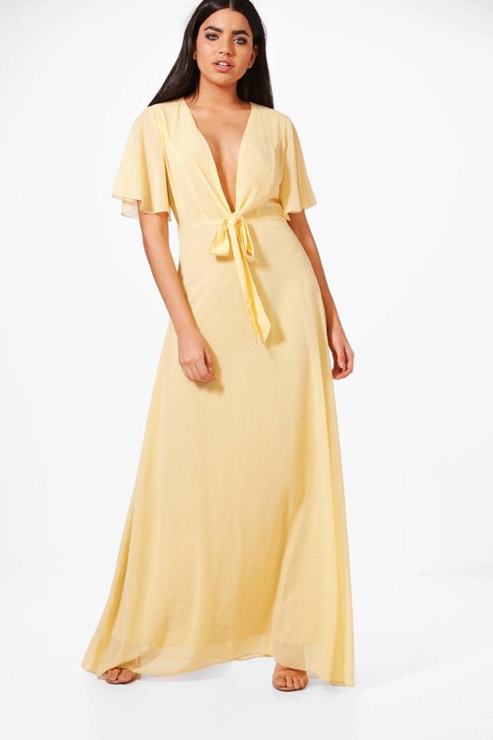 Boohoo Sophia Bow Front Chiffon Maxi Dress Lemon