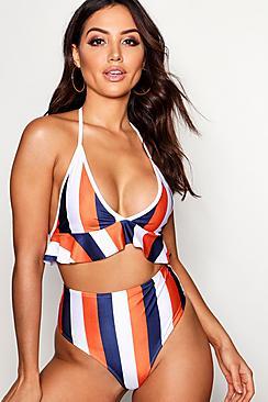 Boohoo Kos Mix & Match School Stripe Ruffle Bikini Top