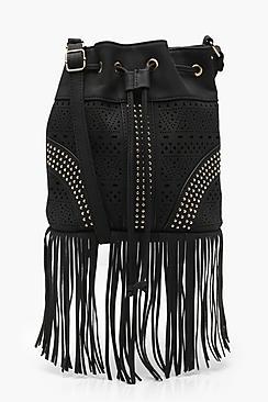 Boohoo Mia Laser And Stud Fringed Duffle