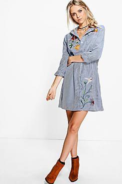 Boohoo Shana Embroidered Stripe Shirt Dress