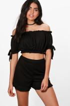 Boohoo Xina Rib Off Shoulder Crop&shorts Co-ord Black