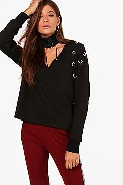 Boohoo Olivia Choker Eyelet Lace Up Sweatshirt