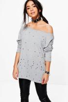 Boohoo Kayla Distressed Slash Neck Sweatshirt Grey