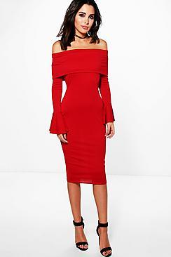 Boohoo Annora Oversized Bardot Midi Dress