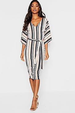 Boohoo Tonal Stripe Kimono Sleeve Midi Dress
