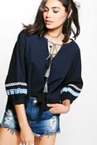 Boohoo Bailey Tie Neck Trim Sleeve Blouse Navy