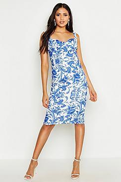 Boohoo Tall Bust Detail Porcelain Print Midi Dress