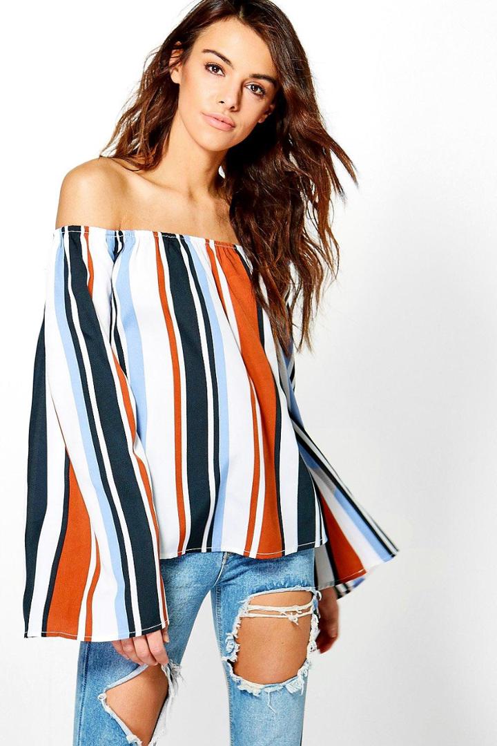 Boohoo Helena Stripe Off The Shoulder Top Multi