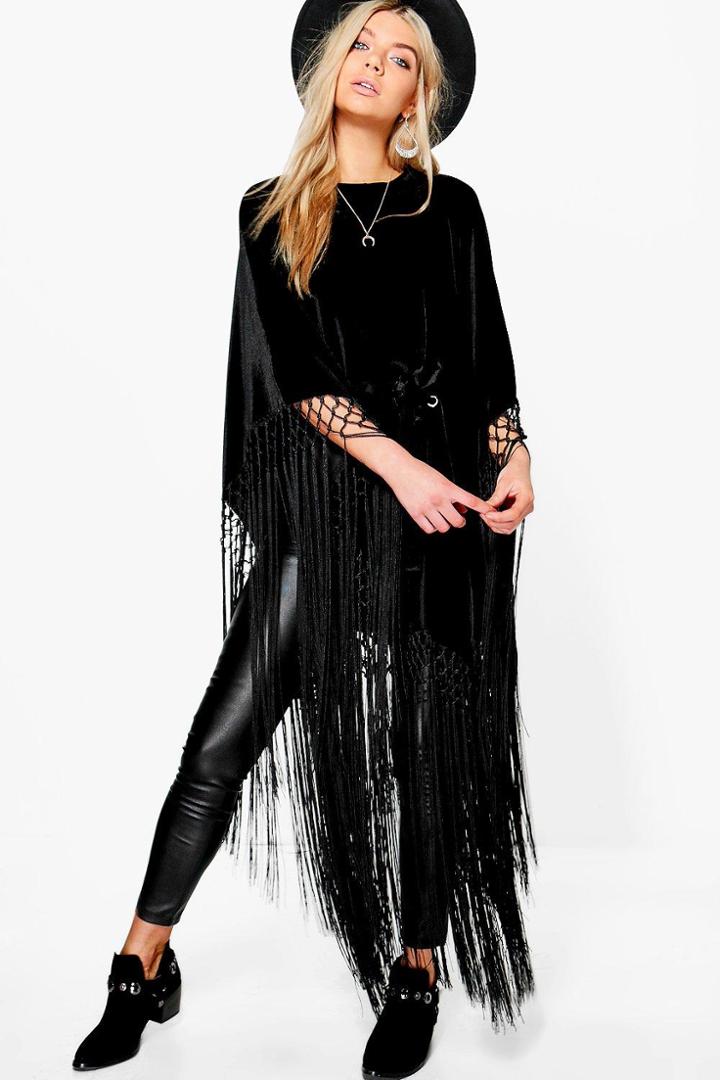 Boohoo Eliza Boutique Velvet & Tassel Luxe Poncho Black