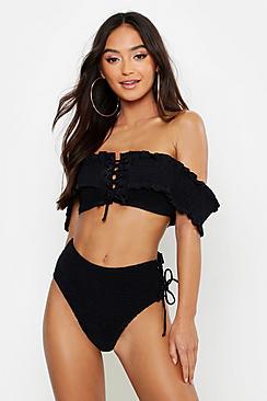 Boohoo Petite Lettuce Hem Bardot Bikini