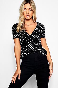 Boohoo Petite Polka Dot Frill Neck Peplum Blouse