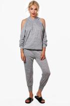 Boohoo Grace Cold Shoulder Hoody Knitted Lounge Set Grey