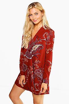 Boohoo Scarlett Paisley Wrap Shirt Dress
