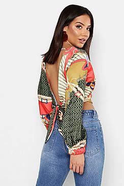 Boohoo Woven Chain Print Satin Tie Crop
