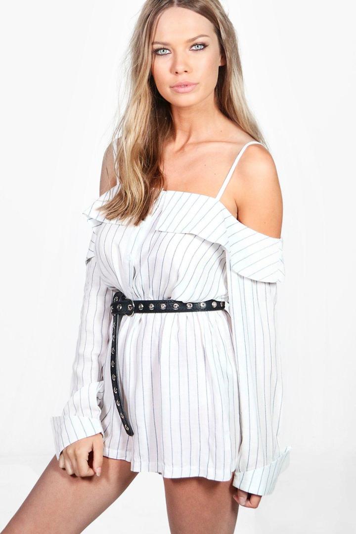 Boohoo Rosina Off The Shoylder Striped Woven Playsuit Navy