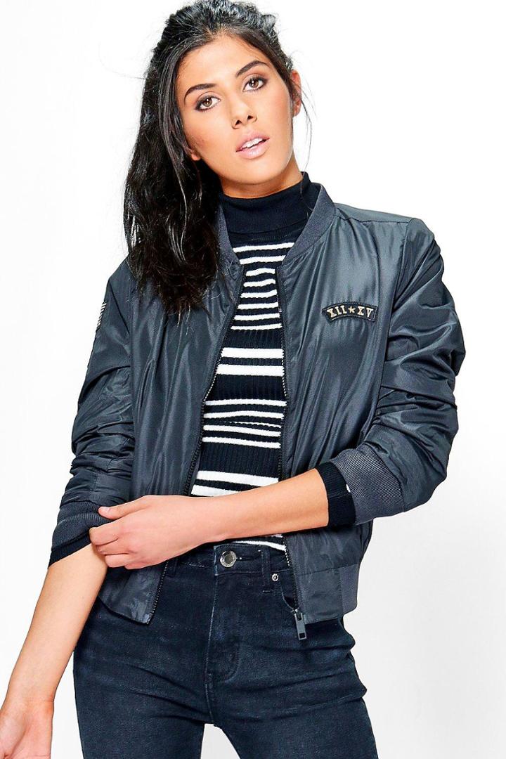 Boohoo Niamh Embroidered Badge Bomber Jacket Black