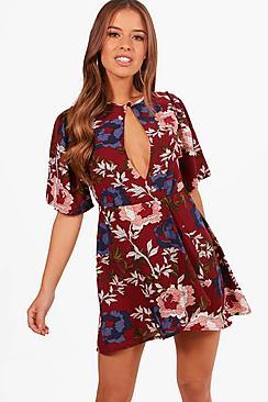 Boohoo Petite Keyhole Detail Floral Skater Dress