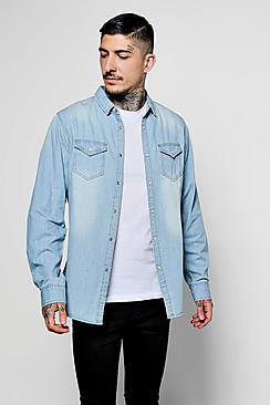 Boohoo Long Sleeve Double Pocket Denim Shirt