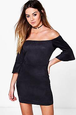 Boohoo Petite Ida Suedette Frill Sleeve Bardot Mini Dress
