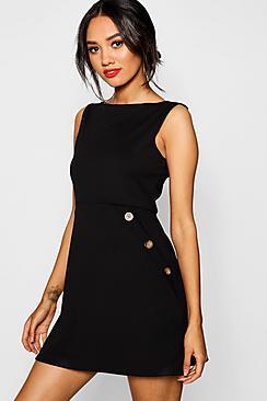 Boohoo Petite Slash Neck Mock Horn Button Shift Dress