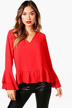 Boohoo Erin Ruffle Hem Flare Sleeve Top