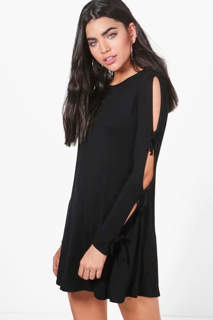 Boohoo Scarlett Tie Sleeve Swing Dress Black