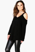 Boohoo Polly Cutaway Open Shoulder Curve Hem Jumper Black