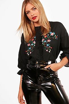 Boohoo Embroidered Ruffle Shirt