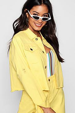 Boohoo Carly Cropped Contrast Stitch Lemon Denim Jacket