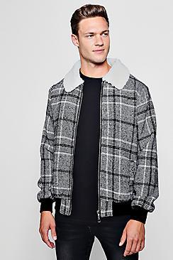 Boohoo Wool Blend Faux Fur Collar Check Bomber