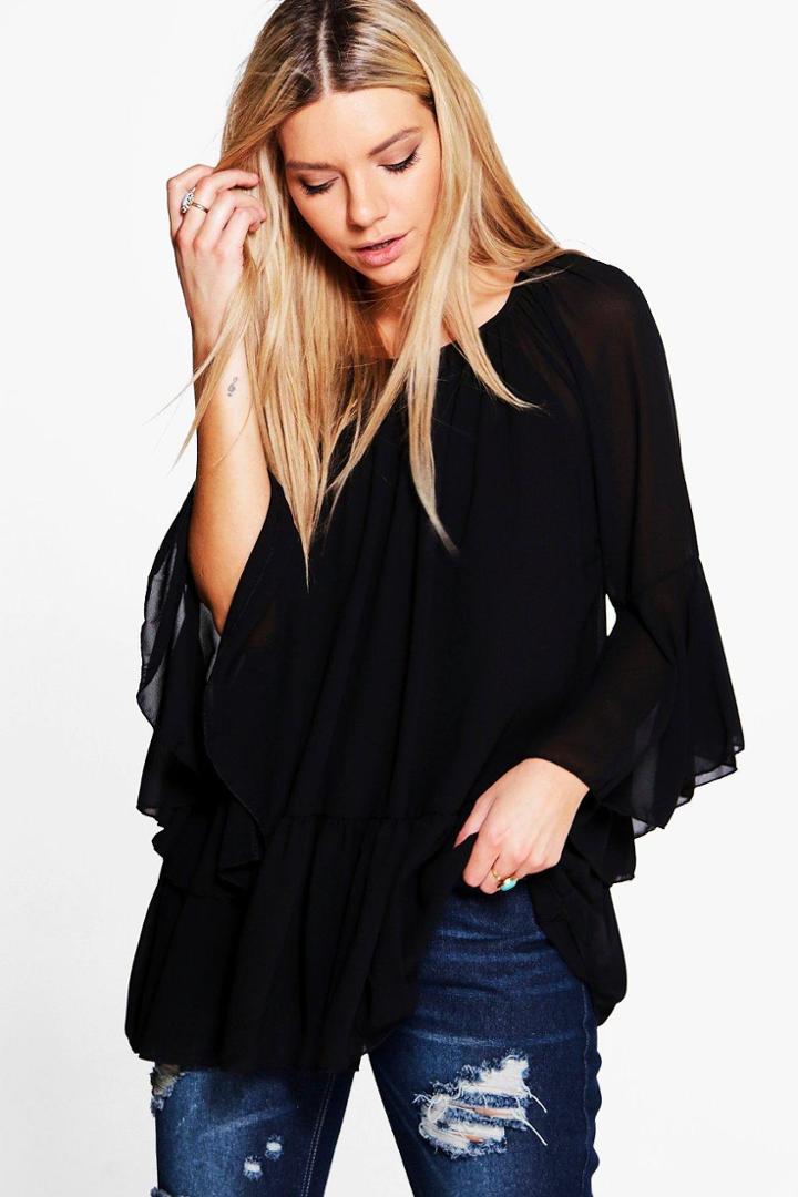 Boohoo Clare Frill Sleeve Dropped Hem Tunic Top Black