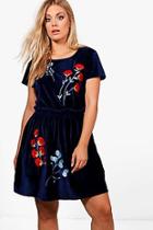 Boohoo Plus Tiff Embroidered Ruffle Waist Skater Dress