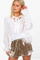 Boohoo Nikki Metallic Tie Neck Woven Blouse White