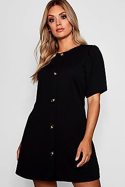 Boohoo Plus Crepe Button Detail Puff Sleeve Shift Dress
