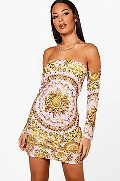 Boohoo Tiffany Baroque Off The Shoulder Bodycon Dress