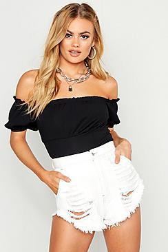 Boohoo Ribbed Ruffle Peasant Style Top