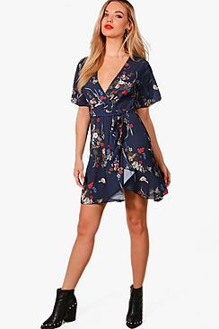Boohoo Rebecca Bird And Floral Ruffle Print Tea Dress
